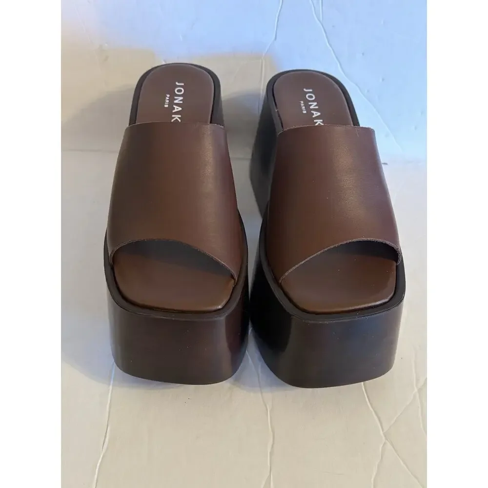 NEW Jonak Paris Platform Wedge Mules Sandals •EU 38/ US 7• Brown Leather $275 - Picture 11 of 11